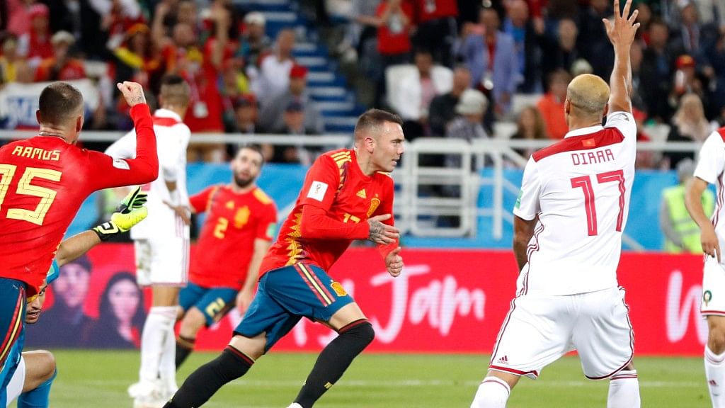 Spain’s Iago Aspas (centre) celebrates scoring his side’s second goal during their Group B match against Morocco at the Kaliningrad Stadium on Monday.