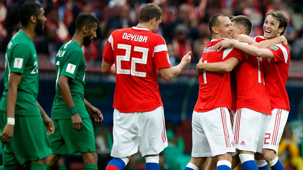 Russia’s Alexander Golovin (second from right) celebrates with teammates, after scoring his side’s fifth goal against Saudi Arabia at the Luzhniki stadium in Moscow on Thursday.