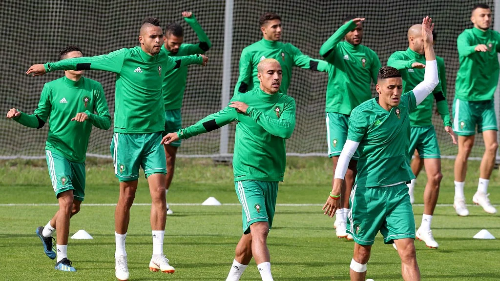 Moroccan team during their training session on the eve of their Group B match against Spain at the Lokomotiv stadium in Kaliningrad on Sunday.