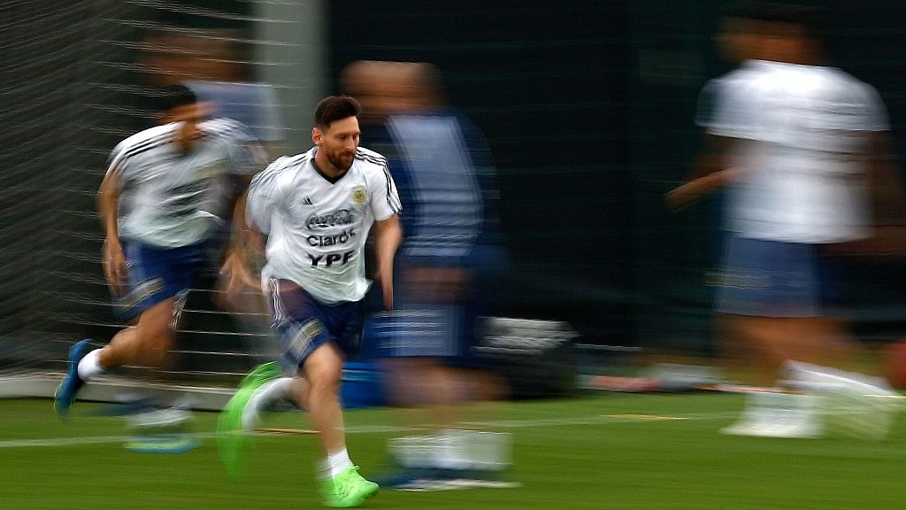 Argentina’s Lionel Messi attends a team training session at the Sports Center FC Barcelona Joan Gamper.