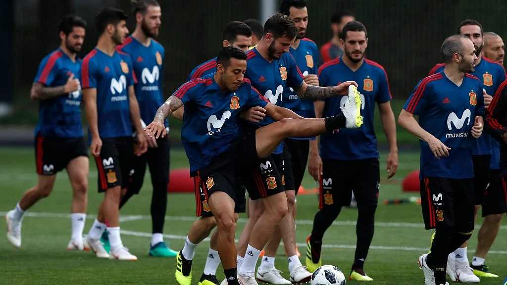 Spanish players during a training session in Krasnodar, Russia on the eve of their Group B match against Morocco on Monday.