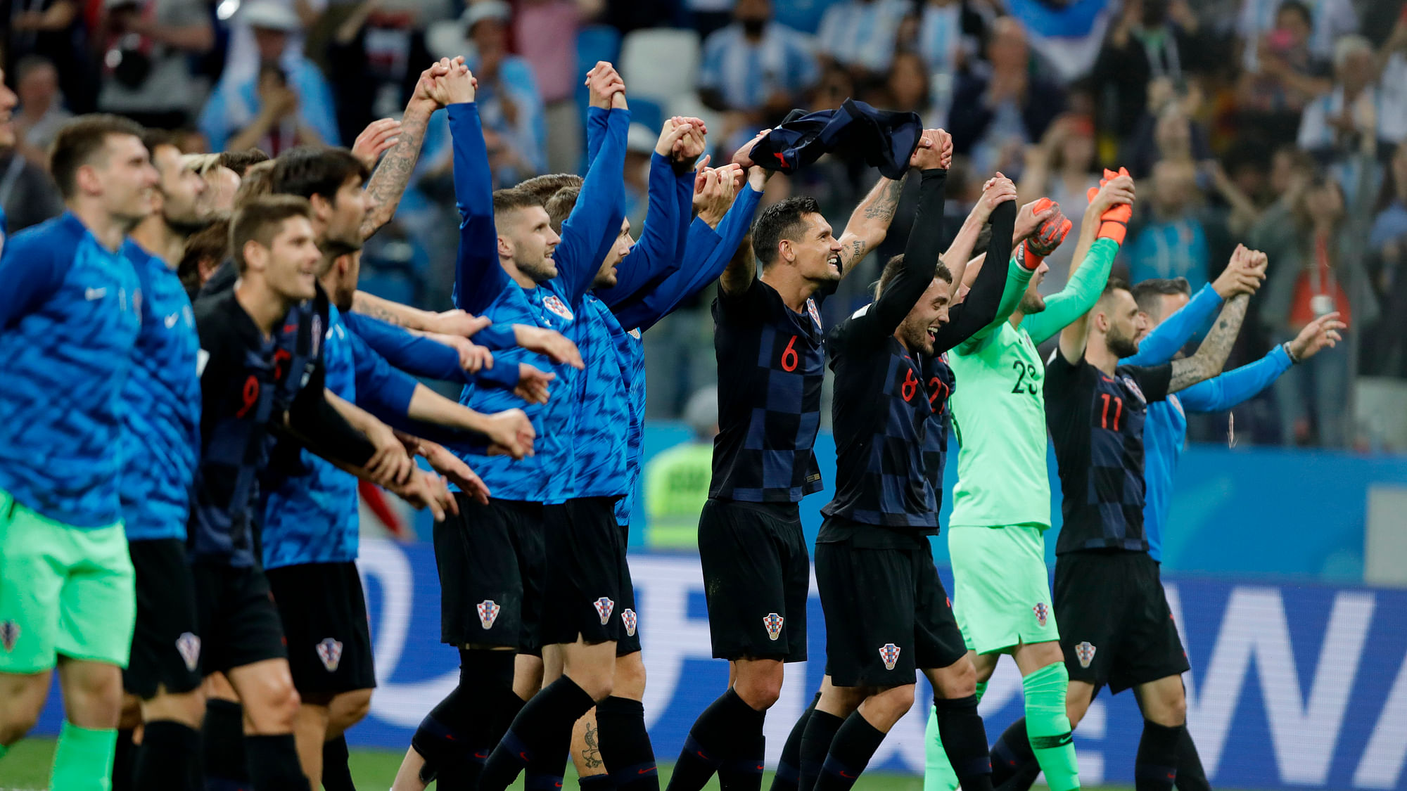 Croatia players celebrate at the end of the group D match between Argentina and Croatia at the 2018 soccer World Cup in Nizhny Novgorod Stadium in Nizhny Novgorod, Russia, Thursday, June 21, 2018. Croatia defeated Argentina 3-0.