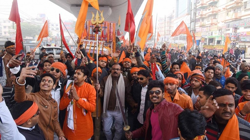 Bajrang Dal workers participate in a procession organised on Swami Vivekananda’s birth anniversary in Patna on 12  January 2018.