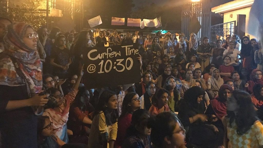 Jamia students protest over curfew timings in hostel in March, 2018.