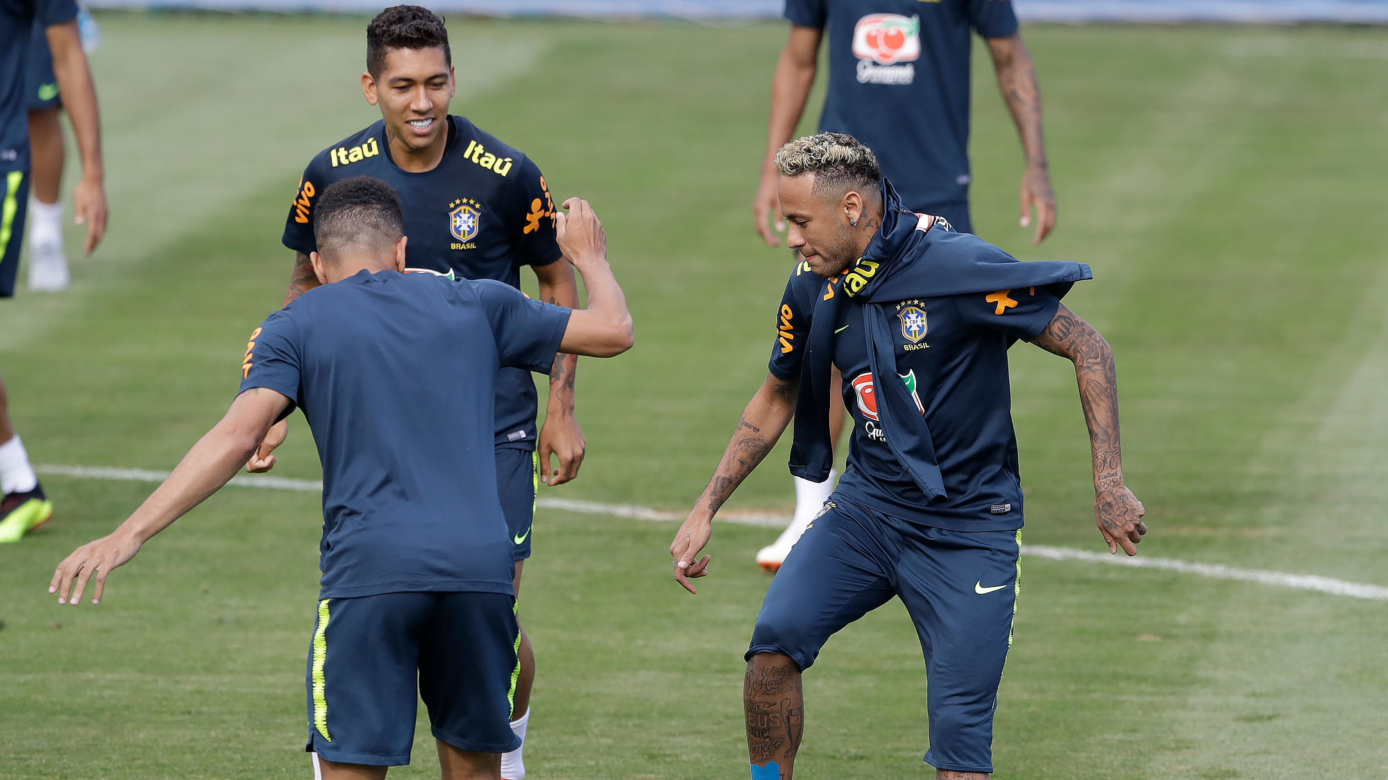 Brazil’s Neymar practices during a training session in Sochi, Russia, Tuesday, June 19, 2018. Brazil will face Costa Rica on June 22 in the group E for the soccer World Cup.&nbsp;