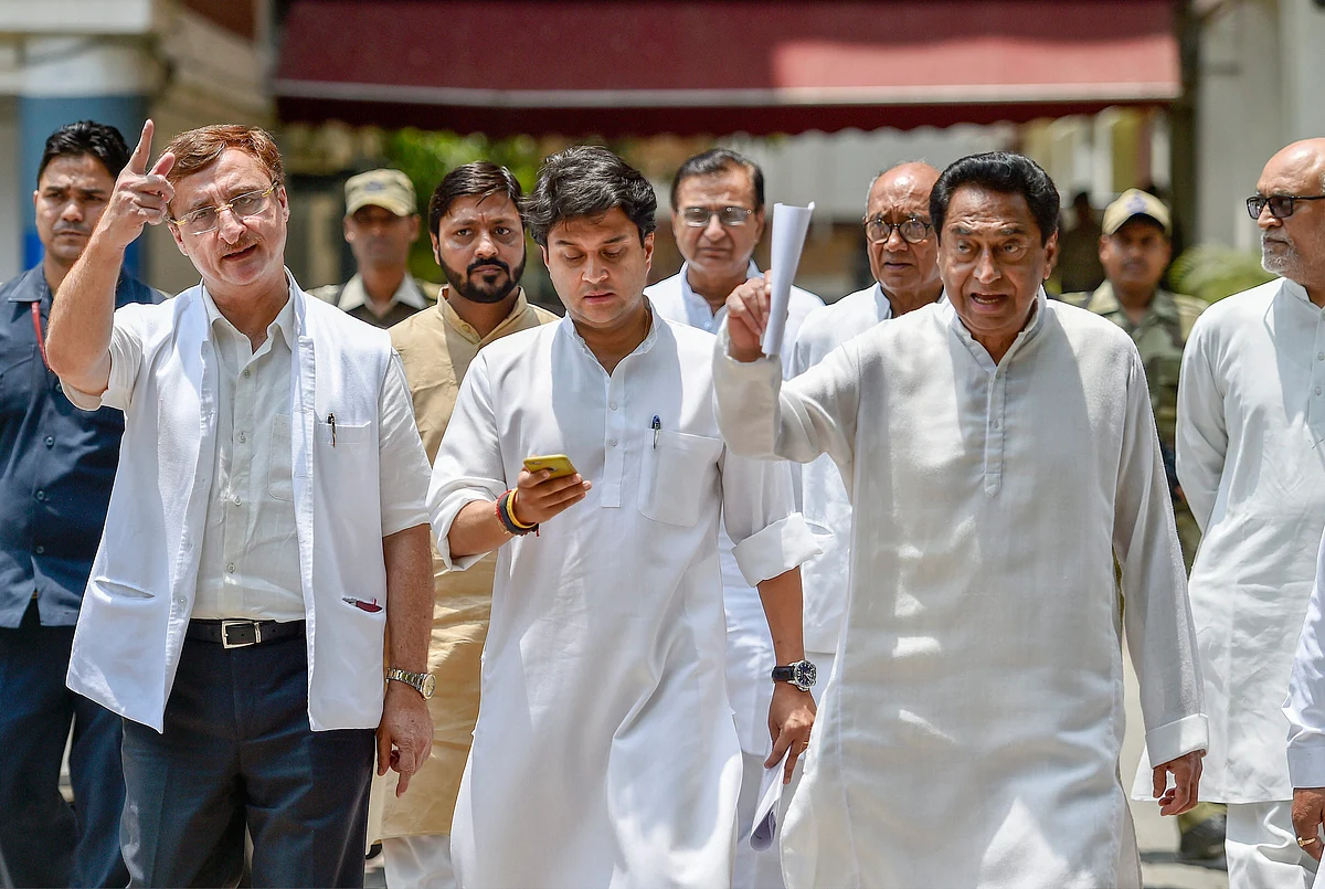 Congress Madhya Pradesh President Kamal Nath with senior Congress leaders Jyotiraditya Scindia, Vivek Tankha and Digvijay Singh come out after a meeting with the Election Commission. 