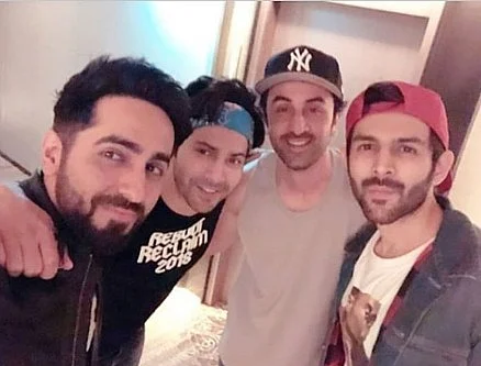 Ayushmann, Varun, Ranbir and Kartik pose for a selfie.