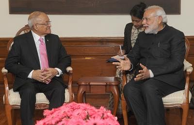 New Delhi: Former Maldives President, Maumoon Abdul Gayoom calls on the Prime Minister Narendra Modi, in New Delhi on Feb 5, 2015. (Photo: IANS/PIB)