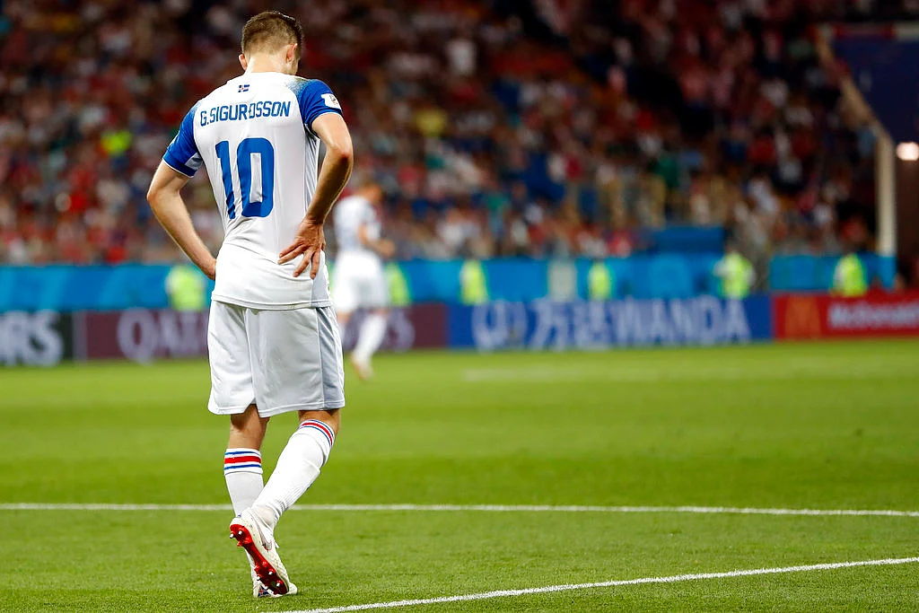 Iceland’s Gylfi Sigurdsson looks down after Croatia’s Ivan Perisic scored his side’s second goal.