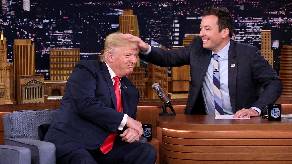In this 15 Sept 2016, NBC released an image of the then Republican presidential candidate Donald Trump with host Jimmy Fallon during a taping of “The Tonight Show Starring Jimmy Fallon.”