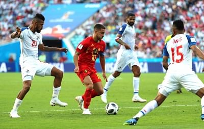 SOCHI, June 18, 2018 (Xinhua) -- Eden Hazard (2nd L) of Belgium controls the ball during a group G match between Belgium and Panama at the 2018 FIFA World Cup in Sochi, Russia, June 18, 2018. (Xinhua/Bai Xueqi/IANS)