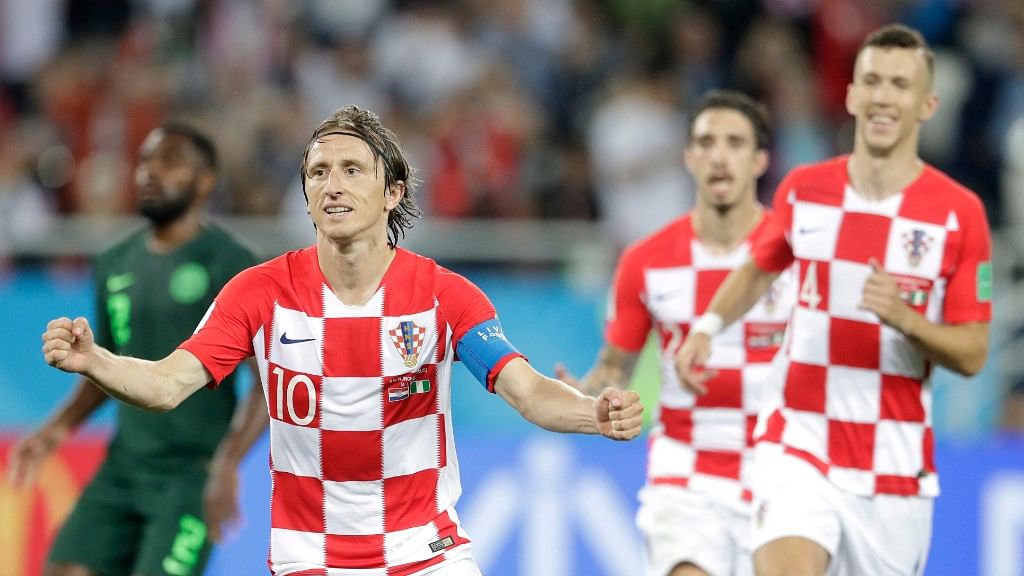 Croatia’s Luka Modric (left) celebrates with teammates after scoring from a penalty spot during their group D match against Nigeria at the Kaliningrad Stadium on Sunday.&nbsp;