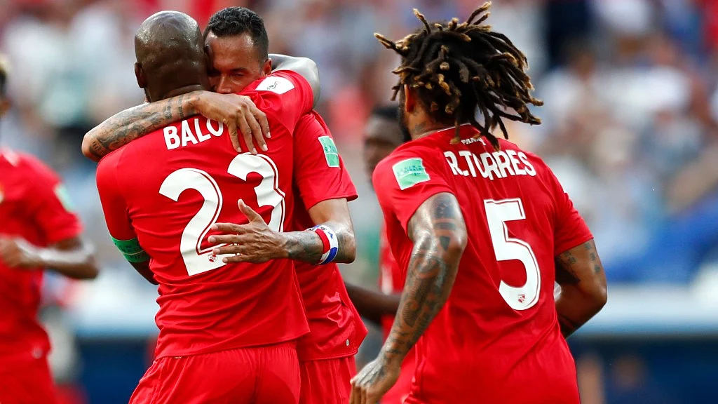 Panama’s Felipe Baloy (left) is congratulated by teammates after scoring his team’s first goal in the match and Panama’s first-ever World Cup goal on Sunday at the Nizhny Novgorod Stadium against England in their Group G match.