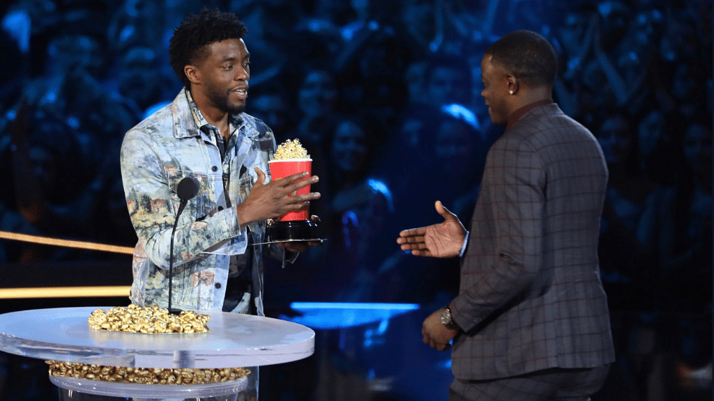 Actor Chadwick Boseman gives his Best Hero award to real-life hero James Shaw Jr, who fought off a gunman at the Tennessee Waffle House shooting.
