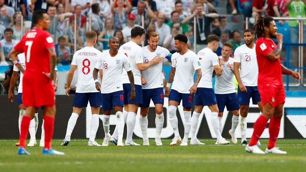 England’s Harry Kane (centre) is congratulated by teammates after scoring his team’s sixth goal during their Group G match against Panama at the Nizhny Novgorod Stadium on Sunday.