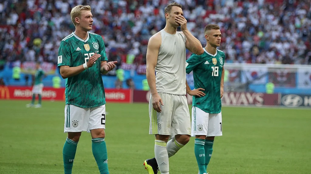 From left, Germany’s Julian Brandt goalkeeper Manuel Neuer and Joshua Kimmich after their Group F match against South Korea at the Kazan Arena on Wednesday.