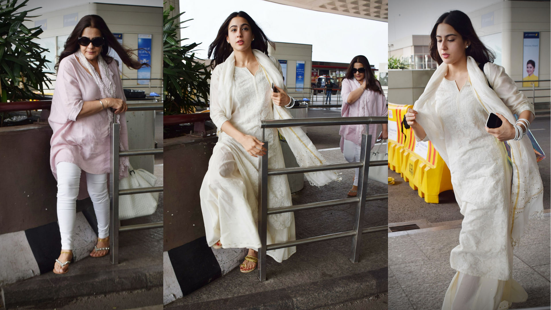 Sara Ali Khan and Amrita Singh at the airport, headed for Hyderabad.&nbsp;