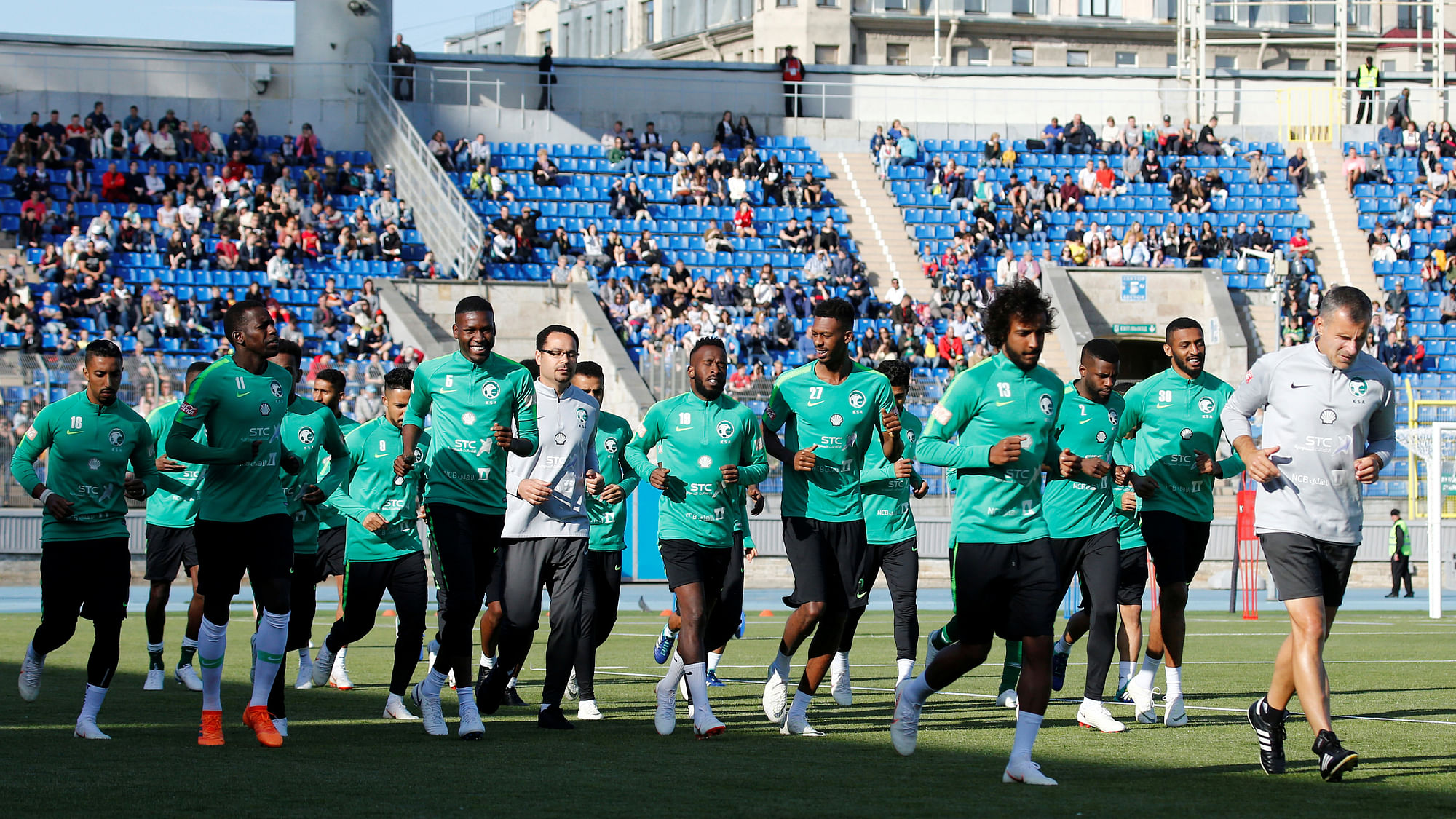 The Saudi Arabia football team at a training session at Petrovsky Stadium, St. Petersburg, Russia.