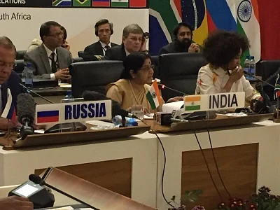 Pretoria: External Affairs Minister Sushma Swaraj addresses at the BRICS (Brazil, Russia, India, China, South Africa) Ministerial Meeting in Pretoria, South Africa on June 4, 2018. (Photo: IANS/MEA)