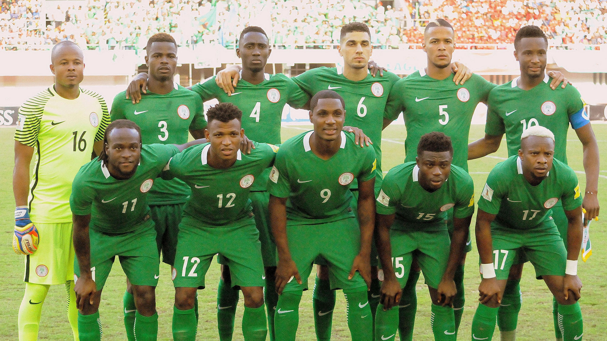 Nigeria’s team poses for photos before a World Cup football qualifier match against Zambia.