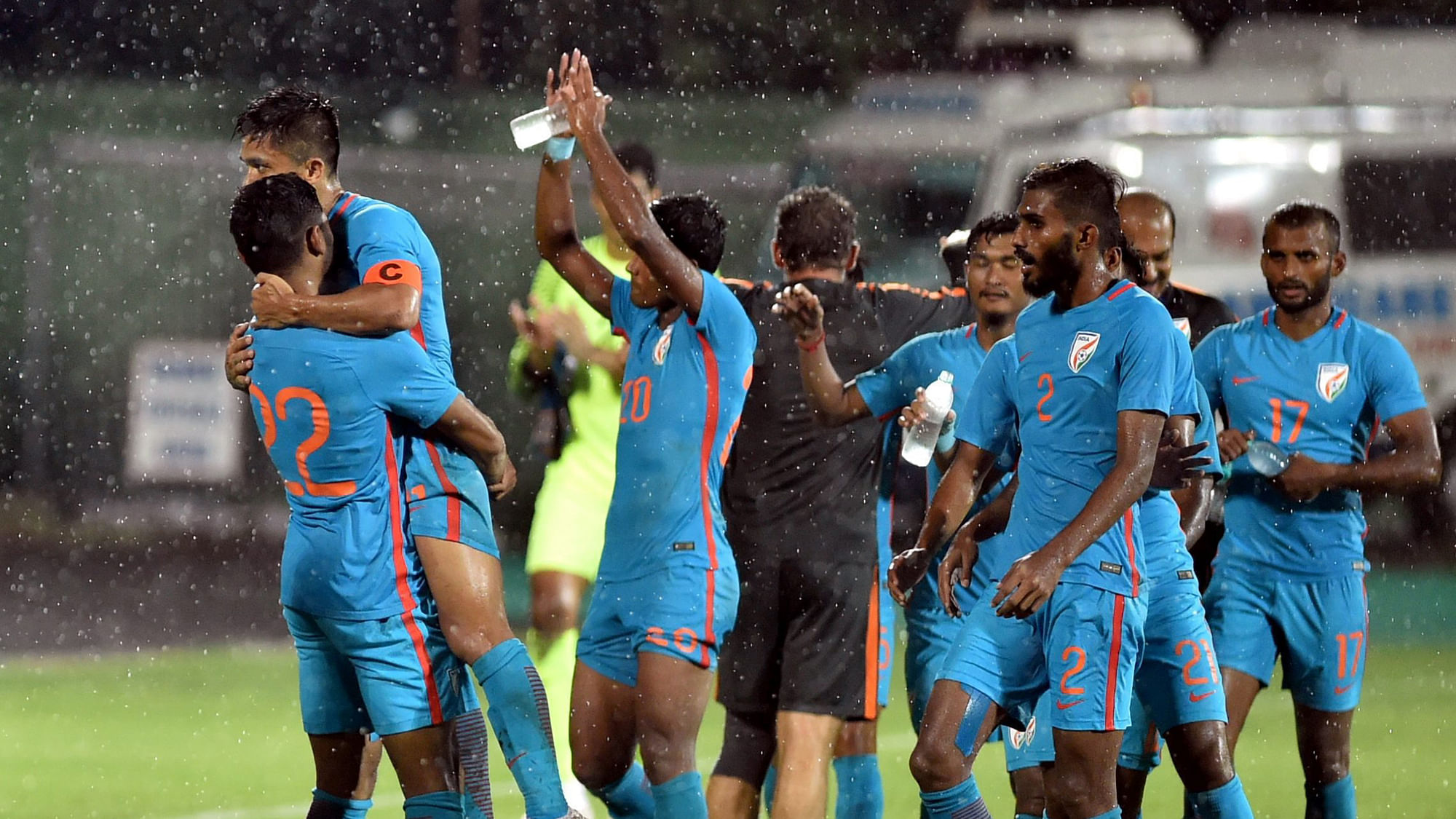 The Indian football team celebrate their 3-0 win over Kenya in the Intercontinental Cup.