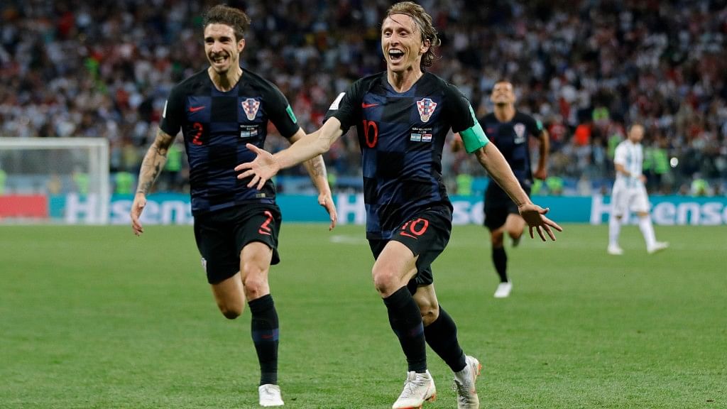 Croatia’s Luka Modric (right) celebrates with teammates after scoring his side’s second goal against Argentina at the Nizhny Novgorod Stadium on Thursday.