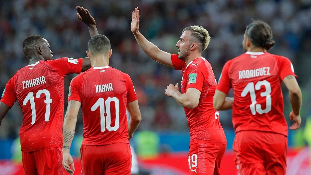 Switzerland’s Josip Drmic (second right) celebrates with teammates after scoring his side’s second goal during their Group E match against Costa Rica at the Nizhny Novgorod Stadium on Wednesday.
