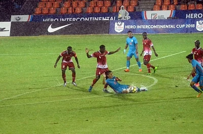 Mumbai: Indian skipper Sunil Chhetri in action during Intercontinental Cup match between India and Kenya at Andheri Sport Complex in Mumbai on June 4, 2018. (Photo: IANS)
