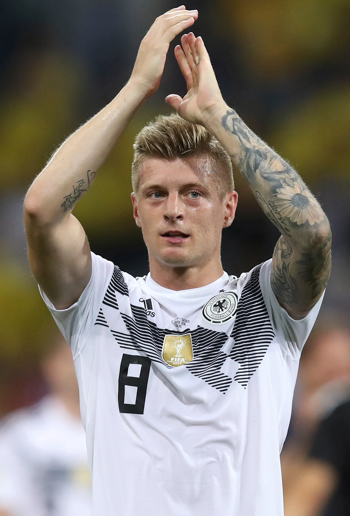 Toni Kroos celebrates at the end of the Group F match between Germany and Sweden.