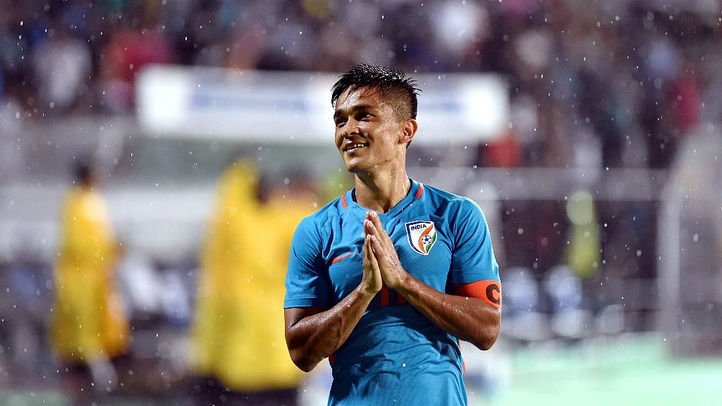 Sunil Chhetri greets the spectators after the teams victory against Kenya during Intercontinental Football Cup in Mumbai.