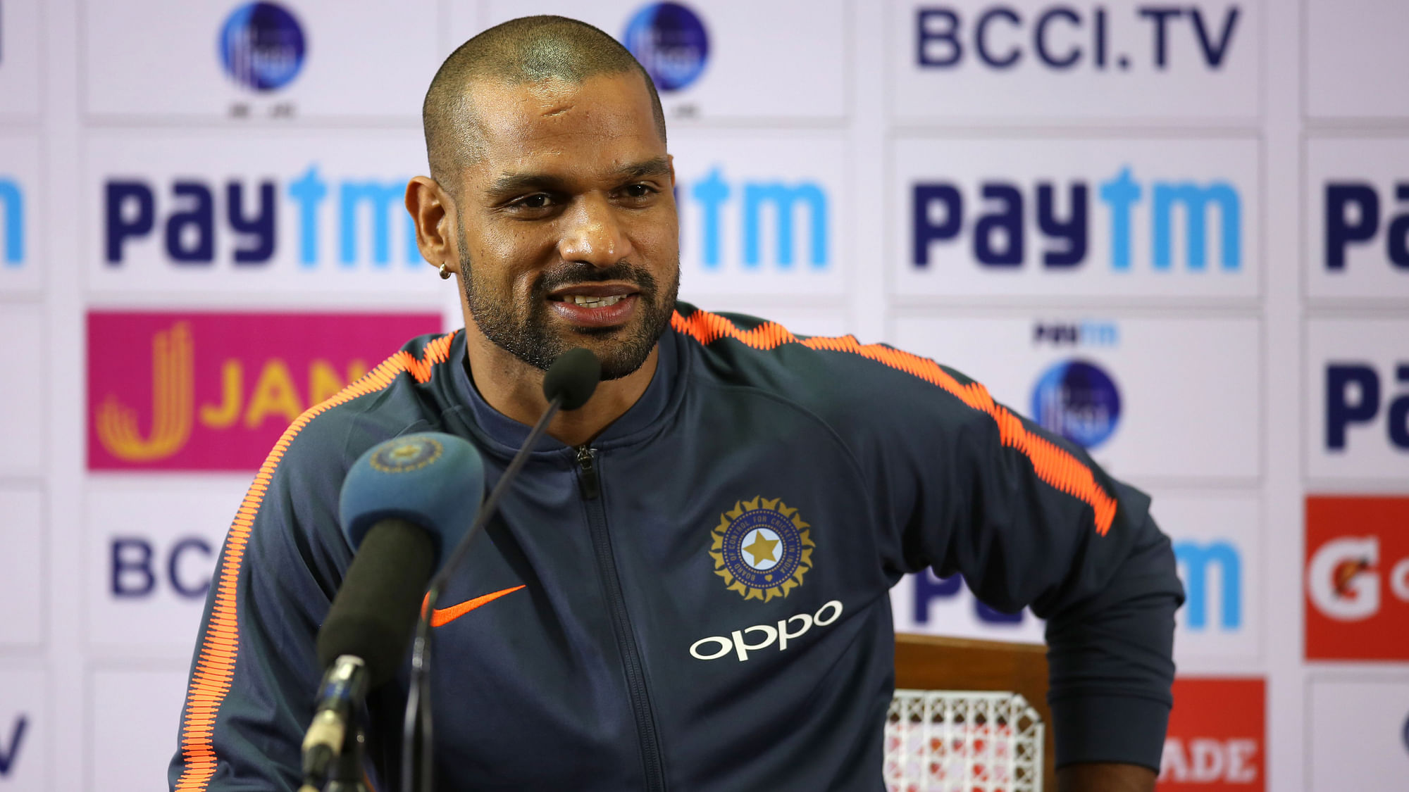 Shikhar Dhawan speaks to the media after Day 1 of the Bengaluru Test against Afghanistan.