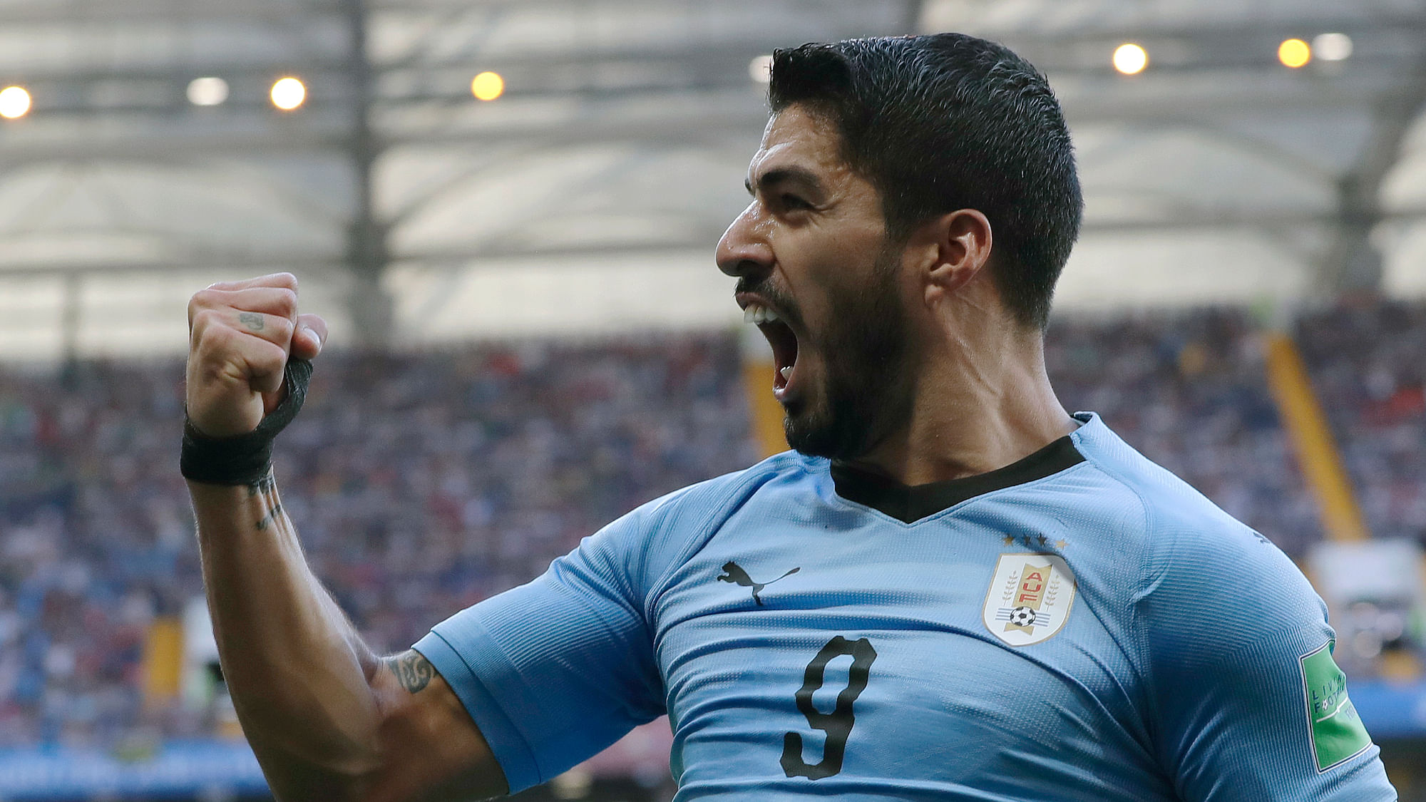 Uruguay’s Luis Suarez celebrates scoring his side’s first goal during the group A match against Saudi Arabia at the 2018 soccer World Cup in Rostov Arena in Rostov-on-Don, Russia, Wednesday, June 20, 2018.