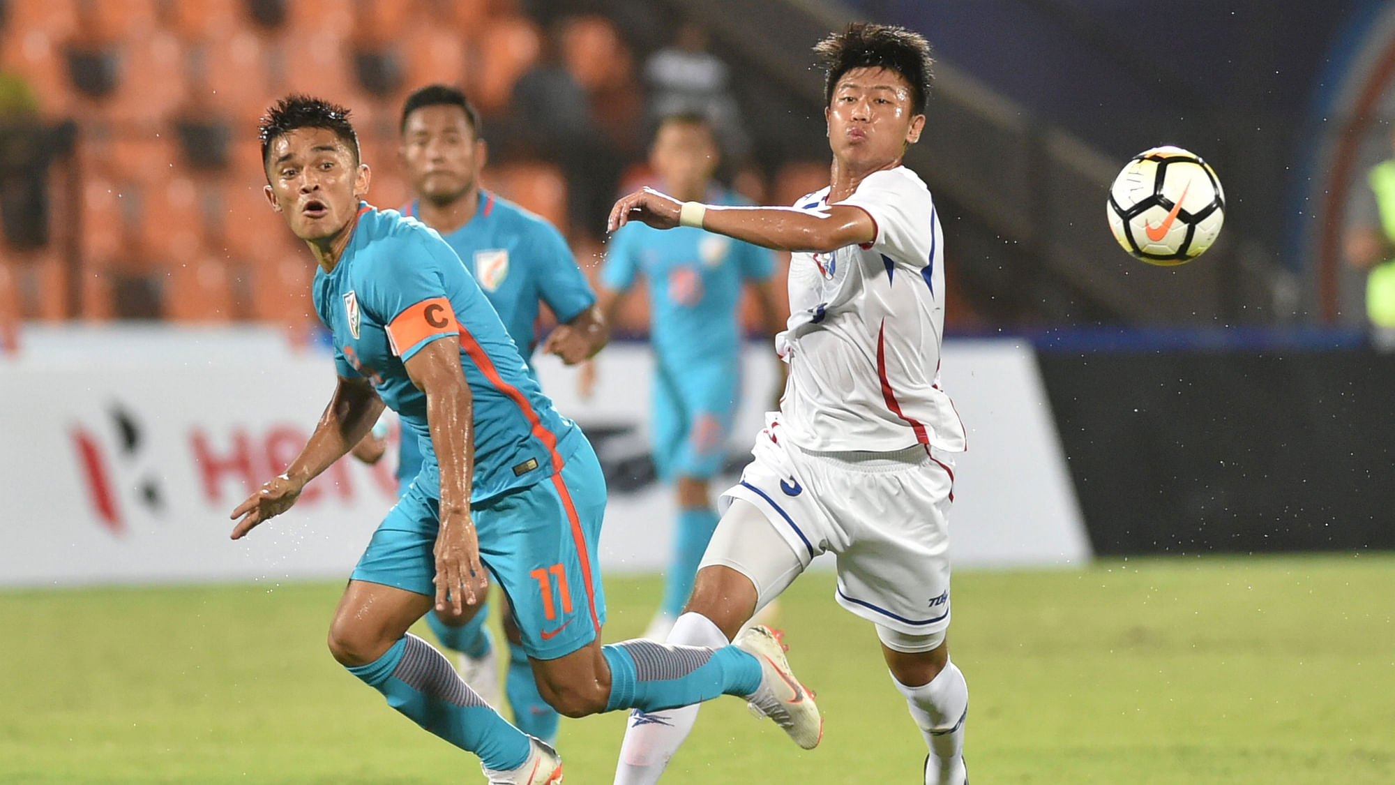 Captain Sunil Chhetri led from the front with a hat-trick as hosts India flexed their muscles and outplayed Chinese Taipei 5-0.