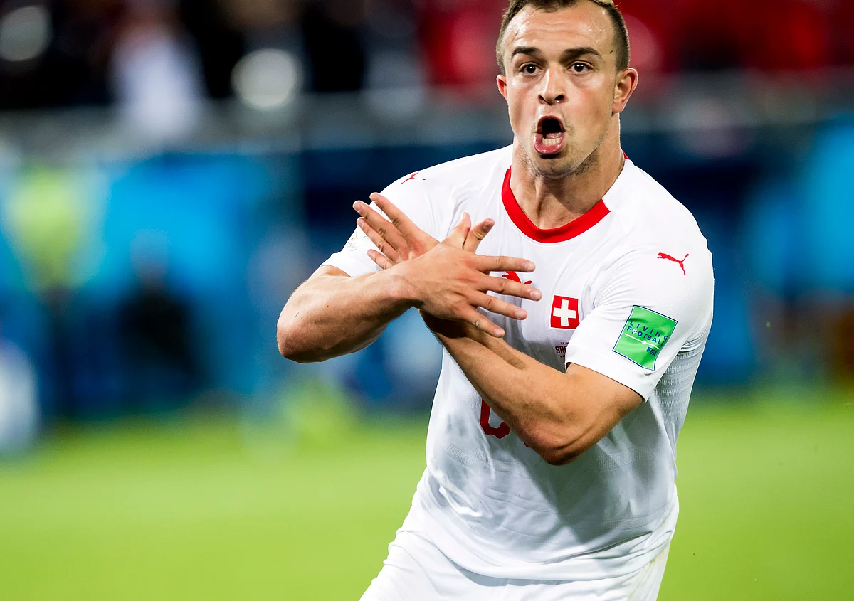 Switzerland’s Xherdan Shaqiri celebrates after scoring his side’s second goal during the between Switzerland and Serbia.