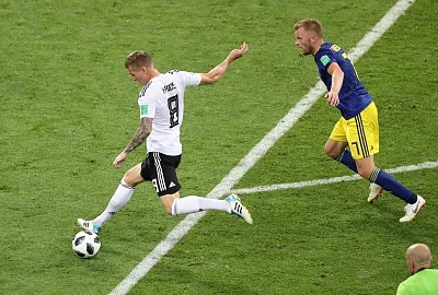 SOCHI, June 23, 2018 (Xinhua) -- Toni Kroos (L) of Germany shoots during the 2018 FIFA World Cup Group F match between Germany and Sweden in Sochi, Russia, June 23, 2018. Germany won 2-1. (Xinhua/Ye Pingfan/IANS)