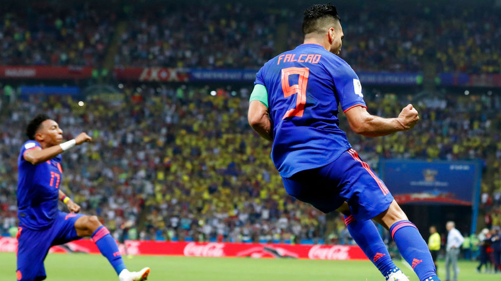 Colombia’s Radamel Falcao (right) celebrates after scoring the second side goal past Poland goalkeeper Wojciech Szczesny during the Group H match&nbsp;