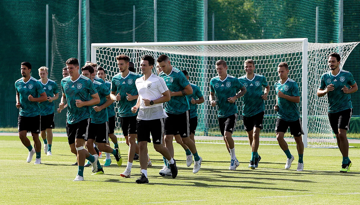 German players run during a training session at the 2018 soccer World Cup in Vatutinki near Moscow, Russia, Monday, June 25, 2018.