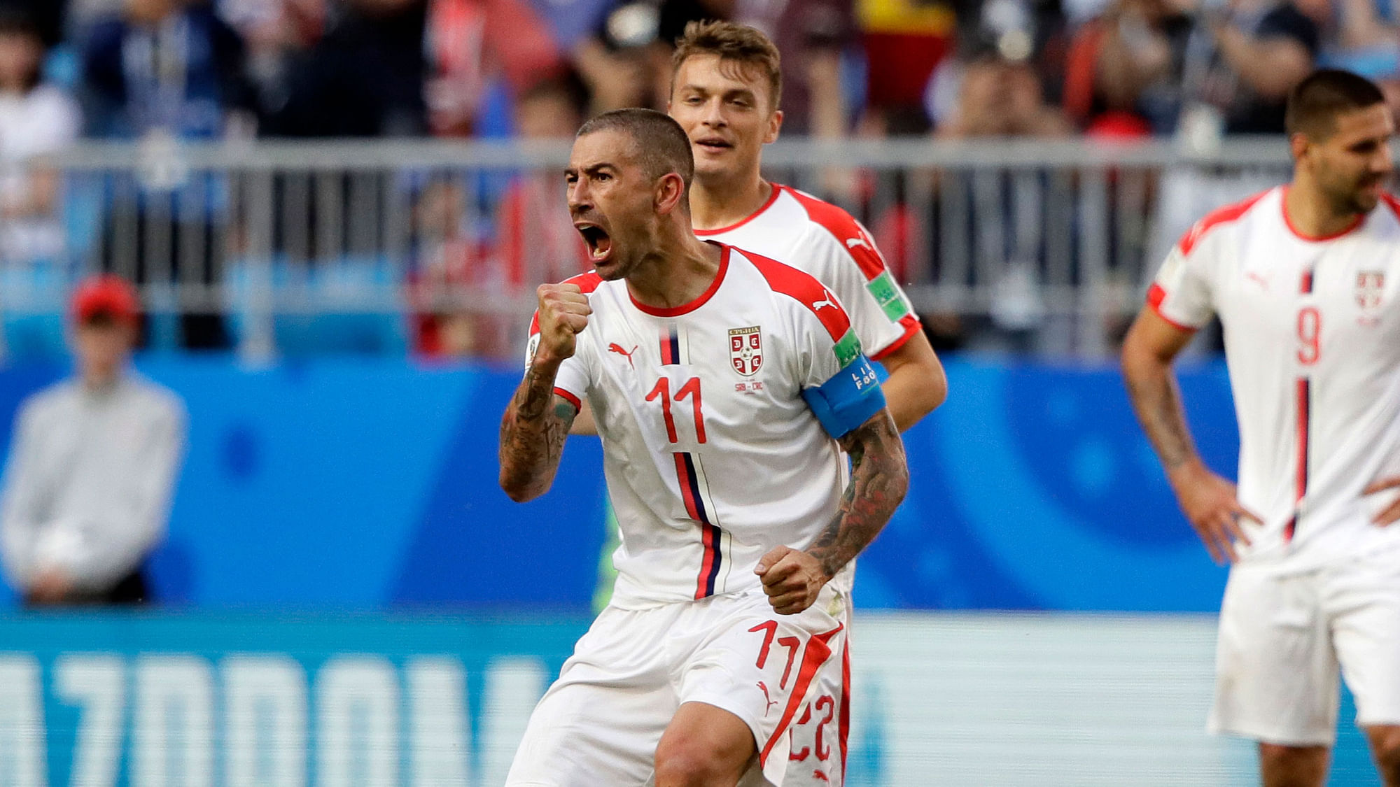 Serbia’s Aleksandar Kolarov celebrates after scoring the opening goal during the group E match between Costa Rica and Serbia.