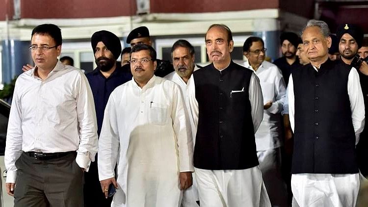 File photo of senior Congress leaders after eight Gujarat Congress MLAs were expelled from the party for alleged defection during Rajya Sabha elections in 2017.