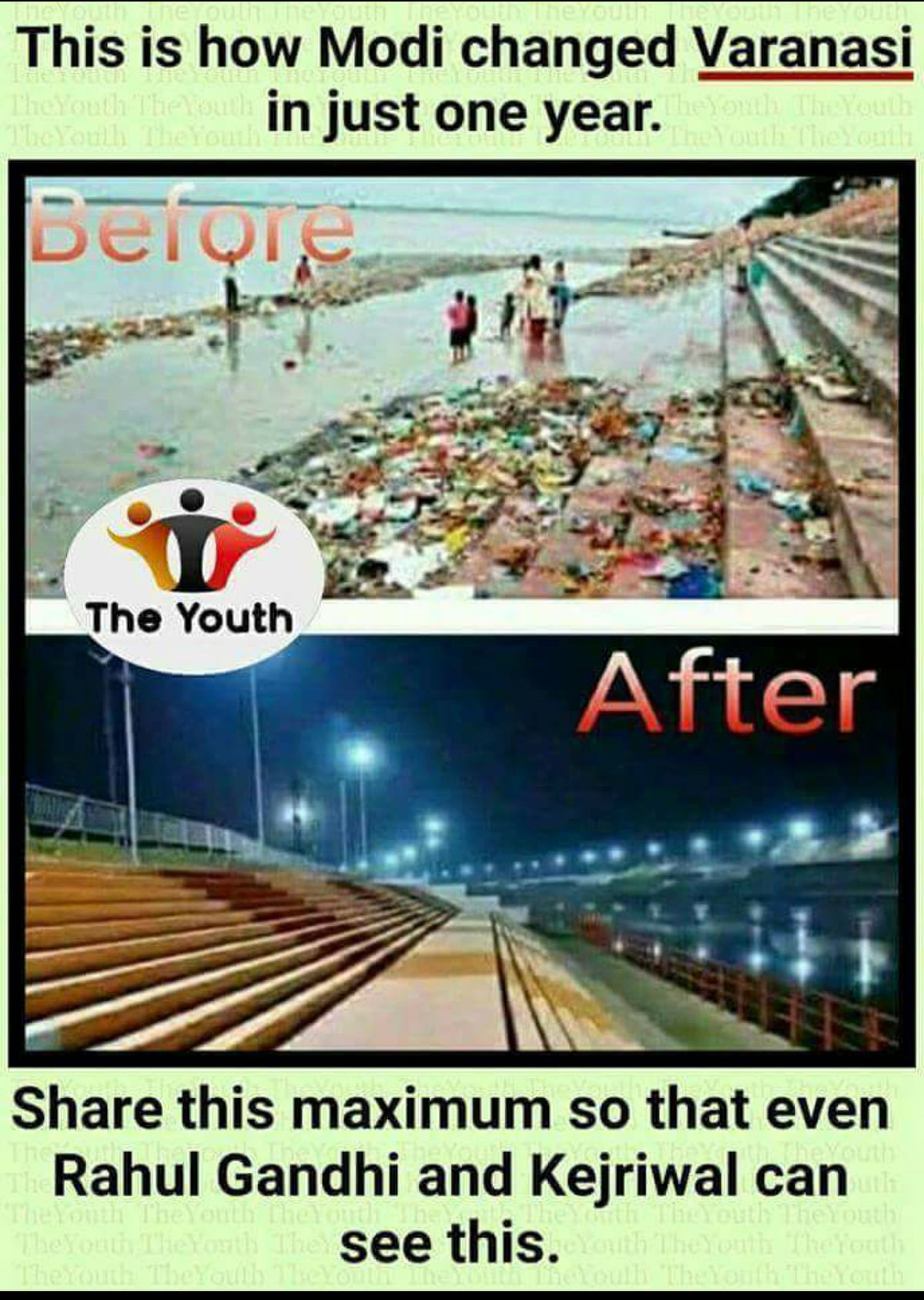 The original picture shows the ghats of Shipra the river, before and after they were cleaned for the 2016 Kumbh Mela