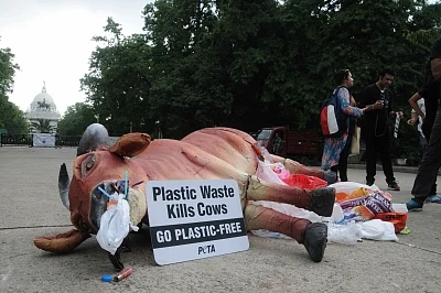 Kolkata: A dummy cow carcass on display during an awareness rally on the ill effects of plastic usage on environment, organised on the eve of World Environment Day; in Kolkata on June 4, 2018. (Photo: Kuntal Chakrabarty/IANS)