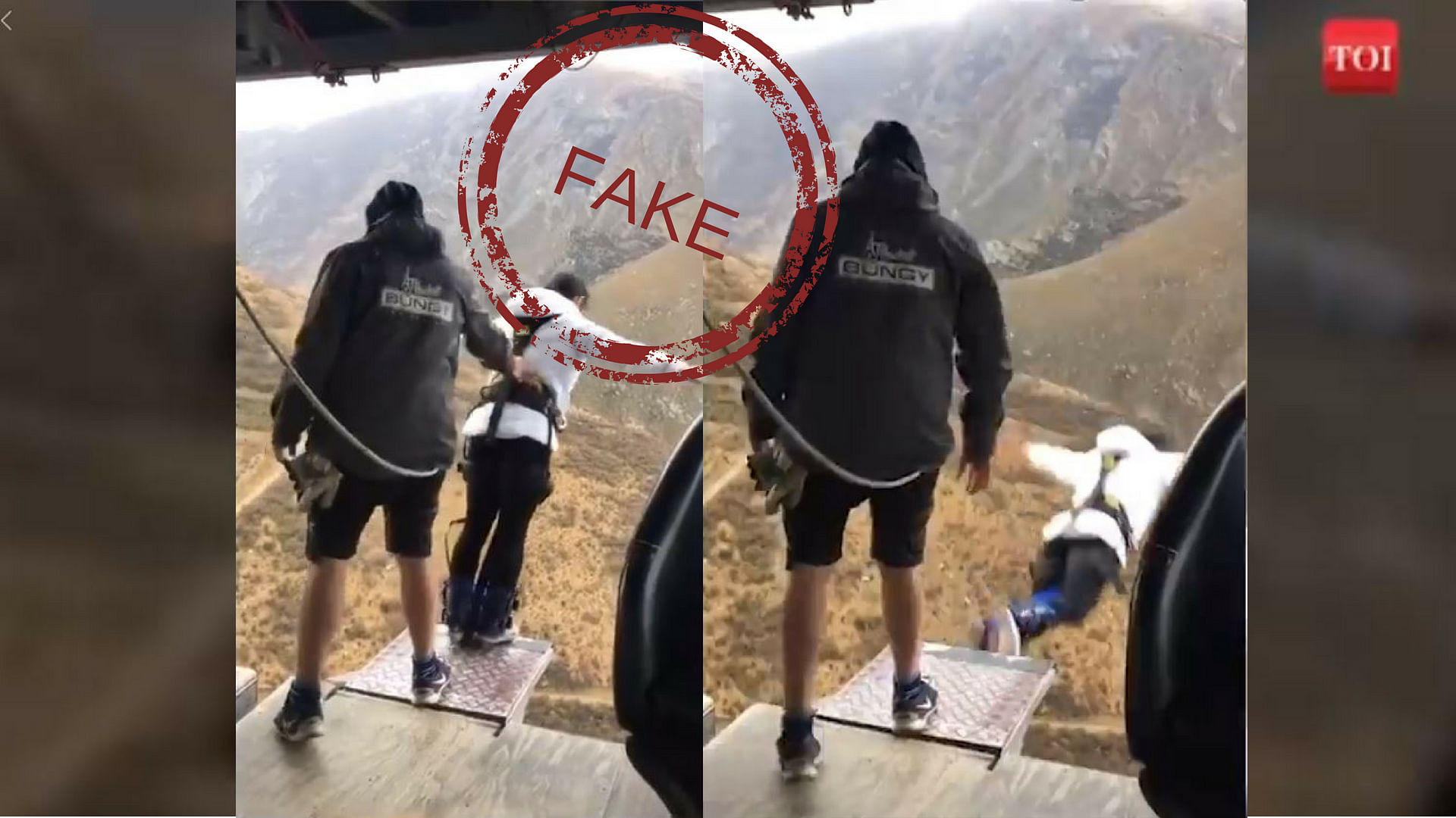 The video of a girl bungee-jumping without a rope is fake.