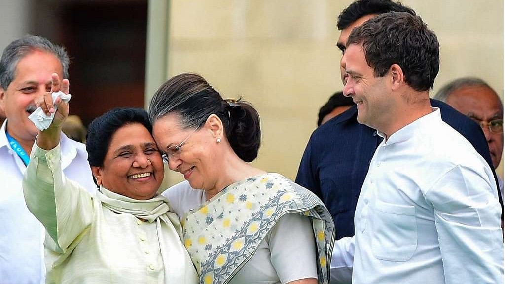 Former Congress President Sonia Gandhi along with Bahujan Samaj Party Chief Mayawati and Rahul Gandhi