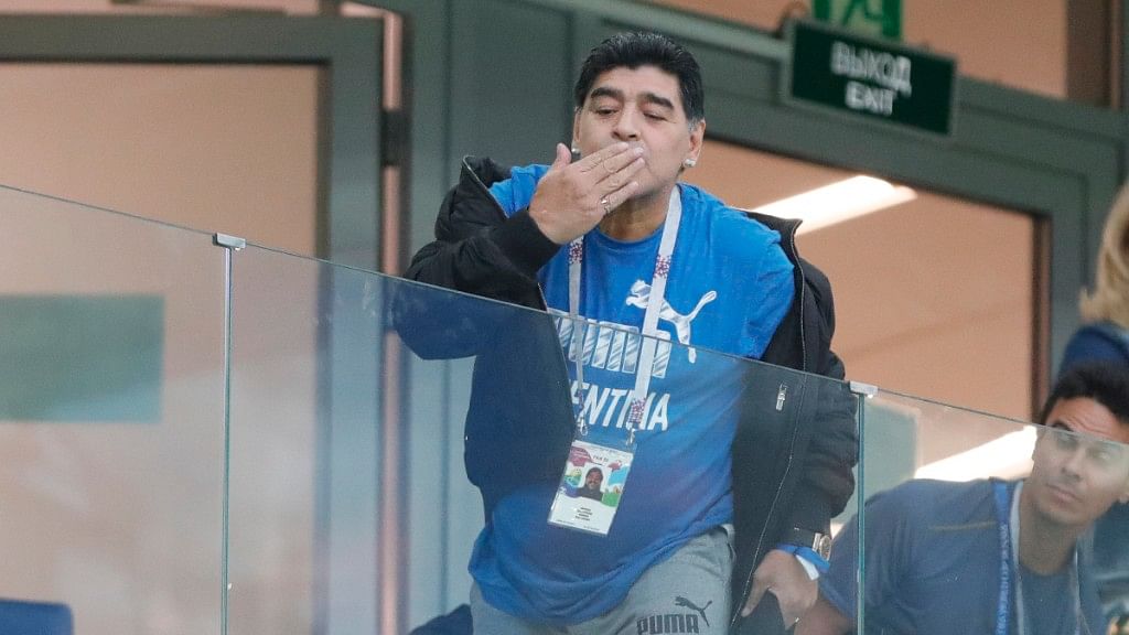 Former football player and Argentinian idol Diego Maradona gestures prior the group D match between Argentina and Croatia at the FIFA World Cup 2018