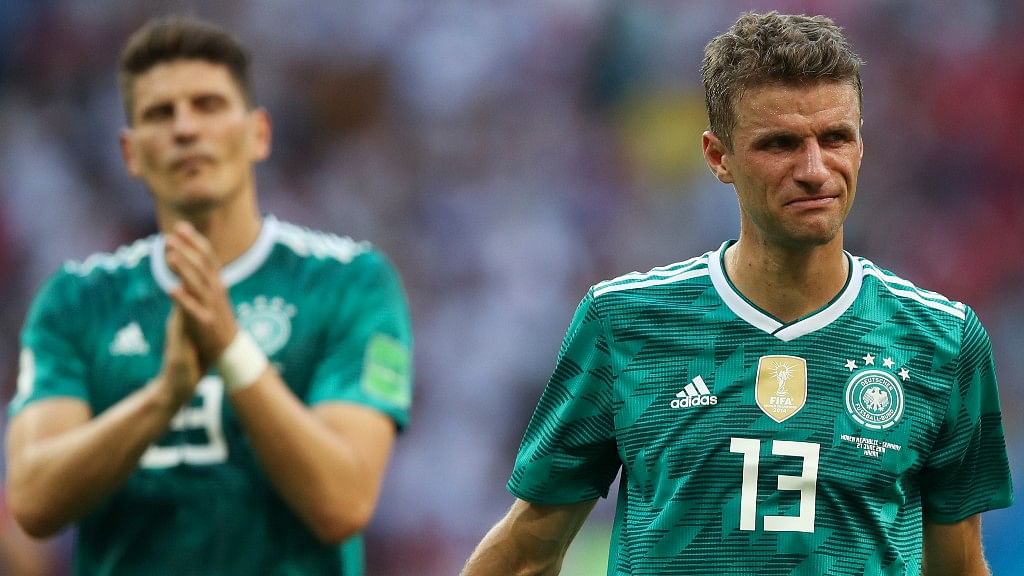 Germany’s Thomas Mueller (right) and Mario Gomez react after they were eliminated in the group stage of the World Cup for the first time in 80 years.&nbsp;