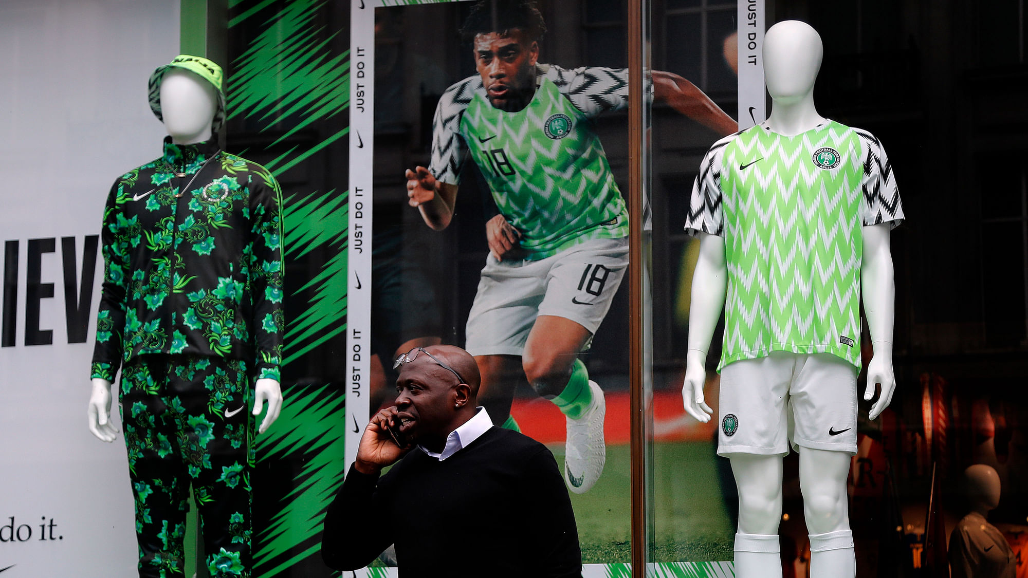 Nigerian national soccer team jersey is on display at a shop in London.&nbsp;