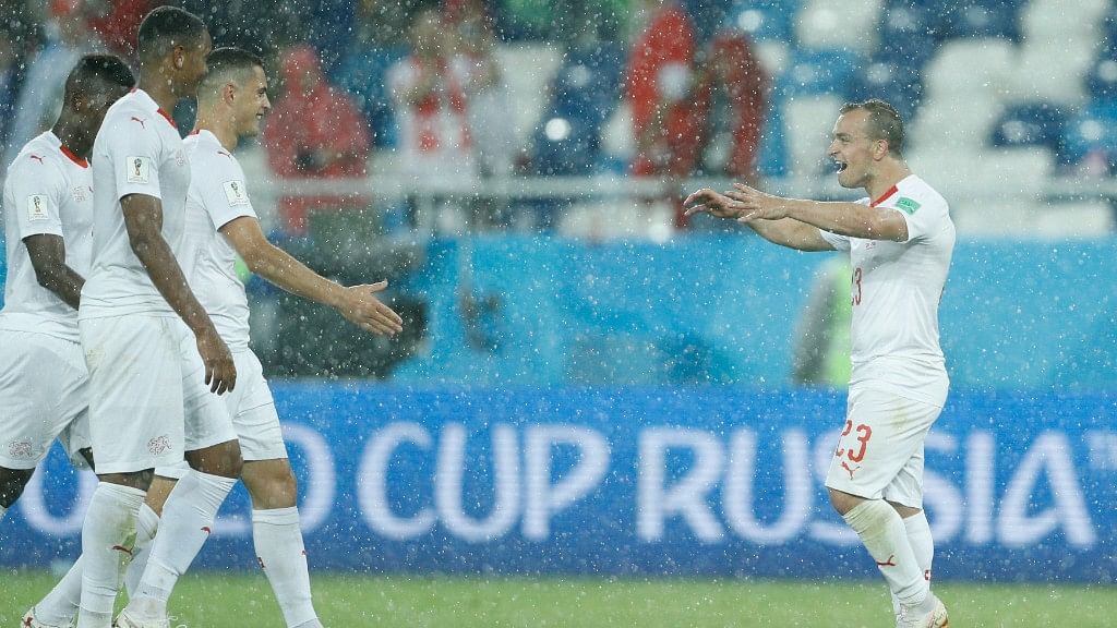 Switzerland’s Xherdan Shaqiri celebrates at the end of their group E match against Serbia at the Kaliningrad Stadium on Friday. Switzerland won 2-1.