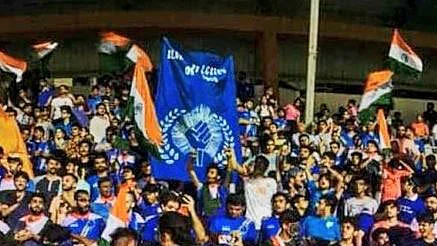 The Indian football fans get ready to watch the match between India and Kenya.
