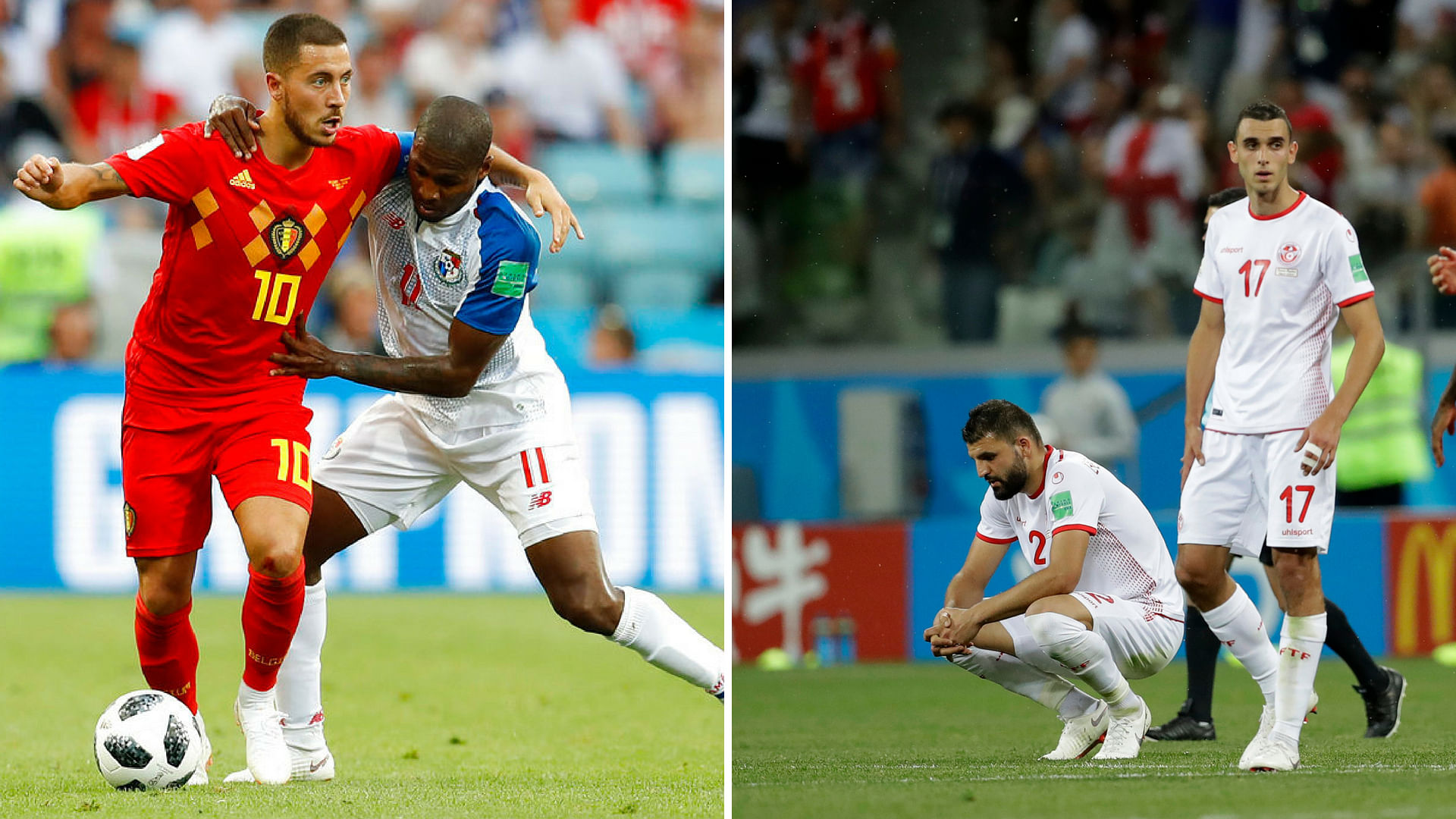 Eden Hazard (left, 10) has been successful in the midfield. Tunisia need to move past a stoppage time loss against England to stop him.