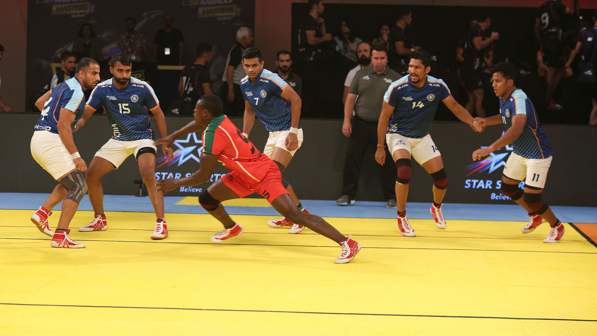 Indian Kabaddi team in action against Kenya at the Kabaddi Masters.